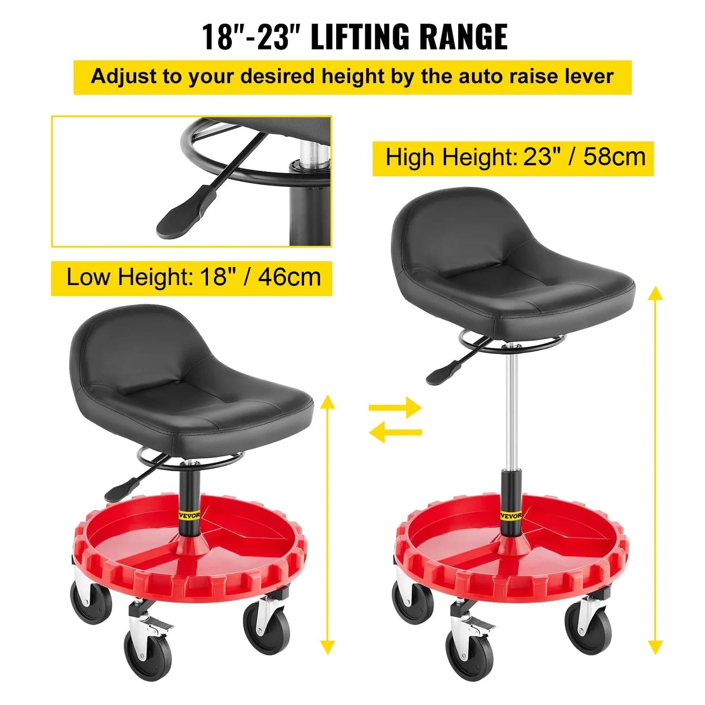 VEVOR Shop Stool, 300 LBS Rolling Garage Stool, 18¡± to 23¡± Adjustable Height Mobile Rolling Gear Seat, round Tray Garage Pneumatic Stool, All-Terrain 5\ Casters with Two Brakes Mechanic Seat