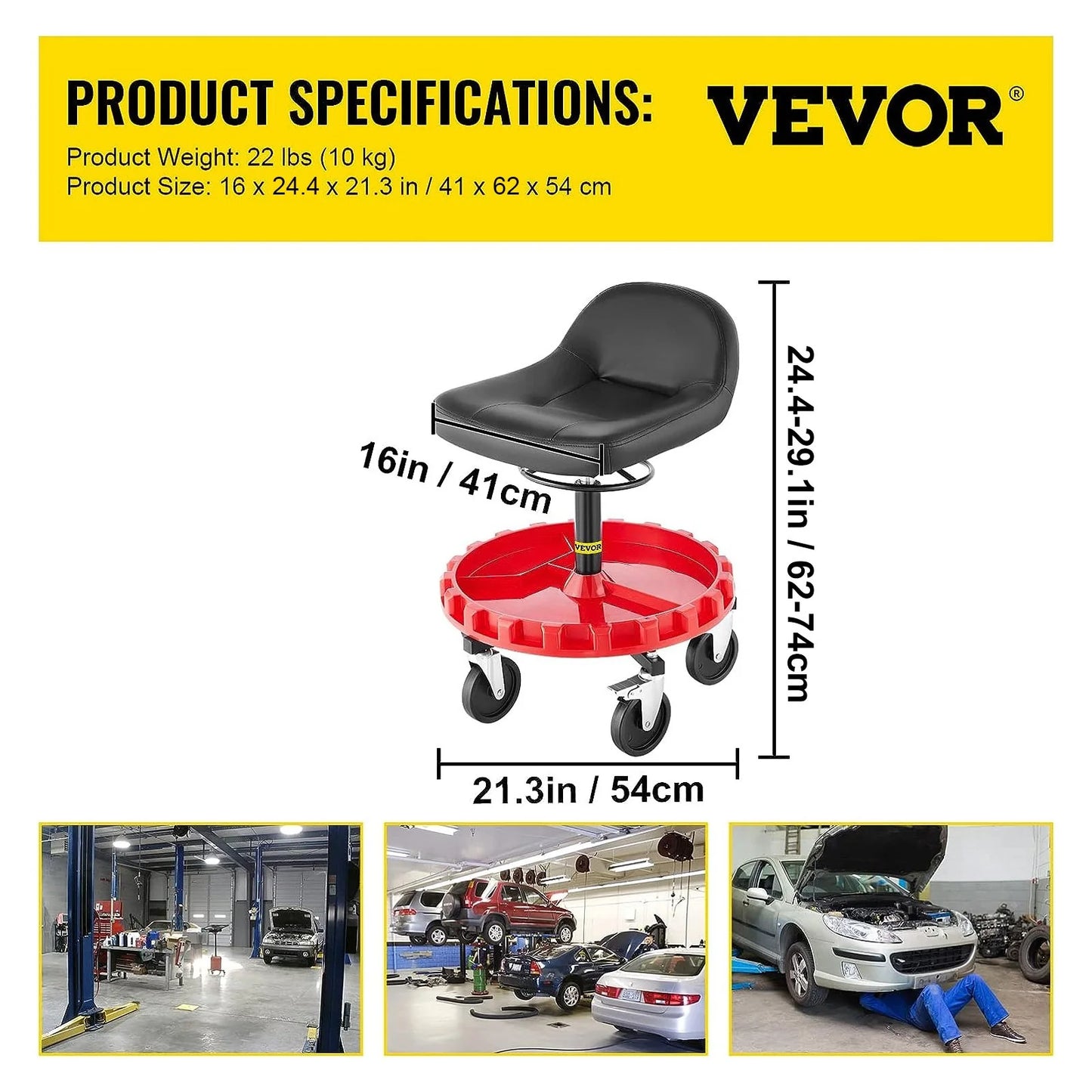 VEVOR Shop Stool, 300 LBS Rolling Garage Stool, 18¡± to 23¡± Adjustable Height Mobile Rolling Gear Seat, round Tray Garage Pneumatic Stool, All-Terrain 5\ Casters with Two Brakes Mechanic Seat