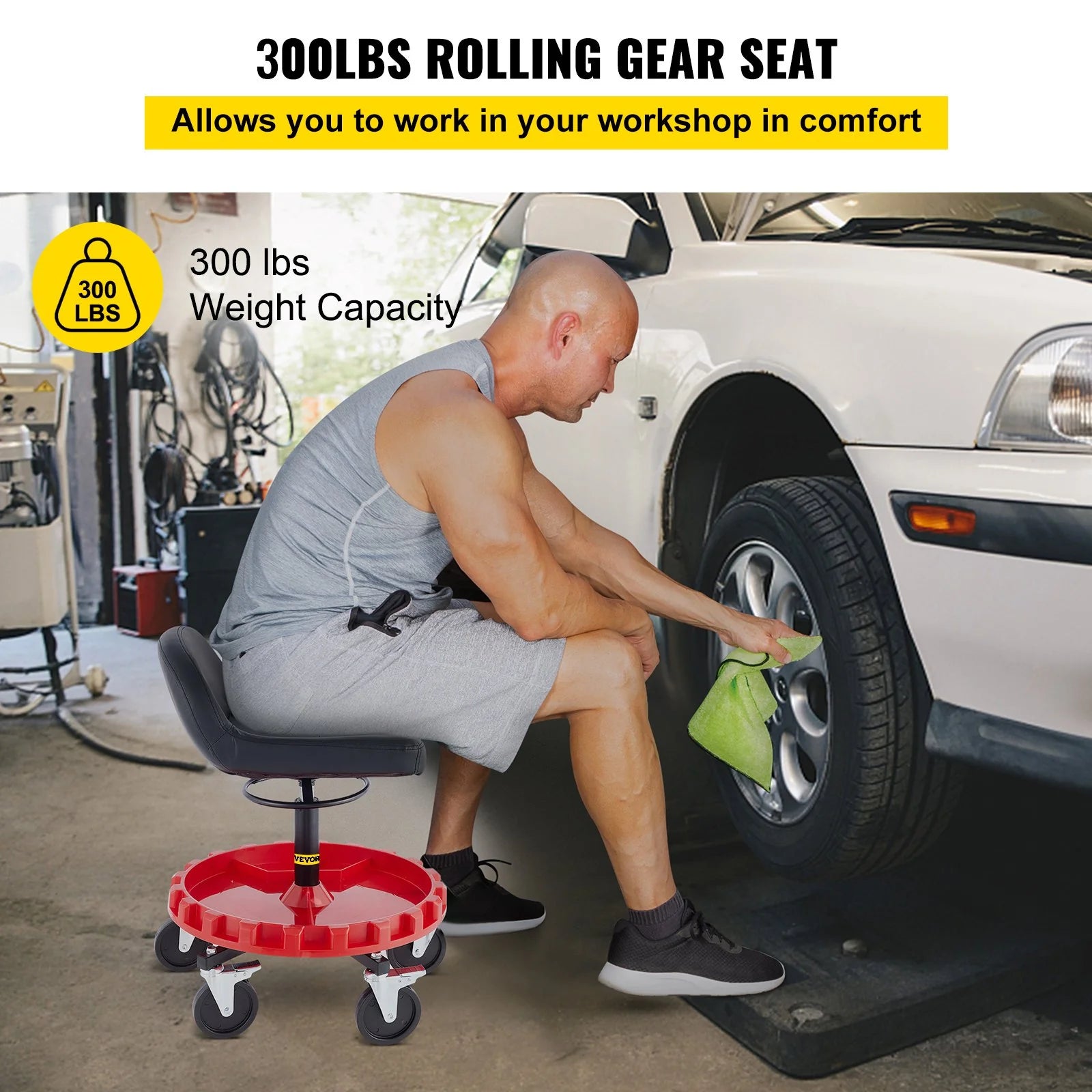 VEVOR Shop Stool, 300 LBS Rolling Garage Stool, 18¡± to 23¡± Adjustable Height Mobile Rolling Gear Seat, round Tray Garage Pneumatic Stool, All-Terrain 5\ Casters with Two Brakes Mechanic Seat